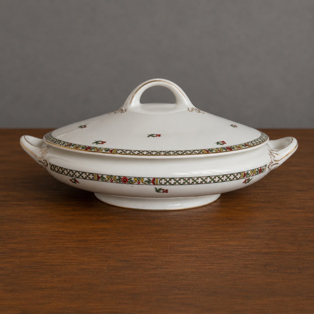 Antique Buffalo China 1920‎ Lidded Vegetable Tureen Floral Lattice Gold Gilt